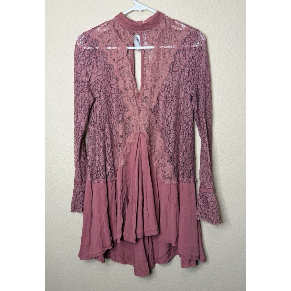 NWT'S Free People Tell Tale Lace Tunic Mini Dress Dusty Mauve Pink - Picture 2 of 11